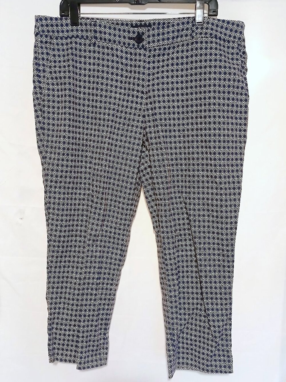Hilary Radley Navy White Diamond-Print Cropped Stretch Pants 16 Modern Classic
